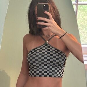Free People Black and Gray Checkered Crop Top